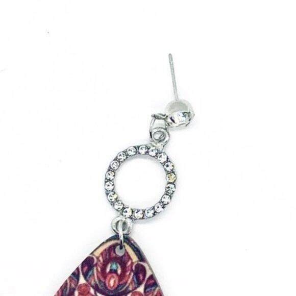 New NWT Silver-Tone Rhinestone Painted Wood Dangle Earrings - Picture 5 of 6